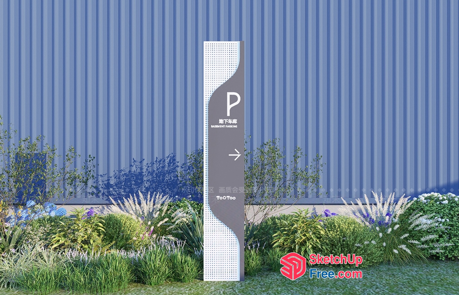 Modern Pillar Signpost In A Lush Garden Setting 3D SketchUp File