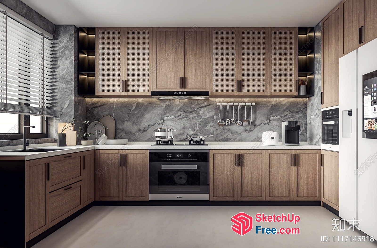 Modern Kitchen With Wooden Cabinets And White Marble Countertops 3D SketchUp File