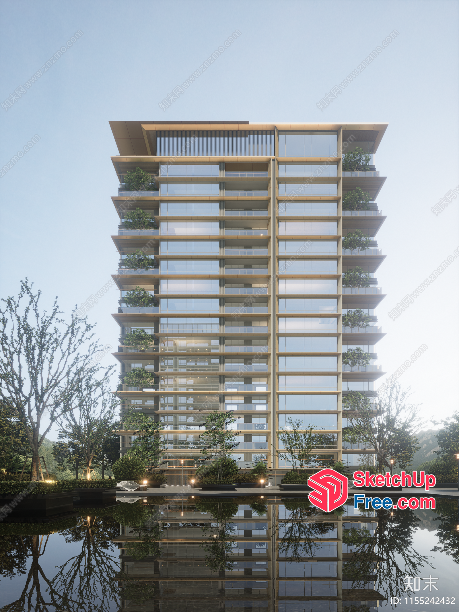 High-Rise Building With Balconies And Trees 3D SketchUp File