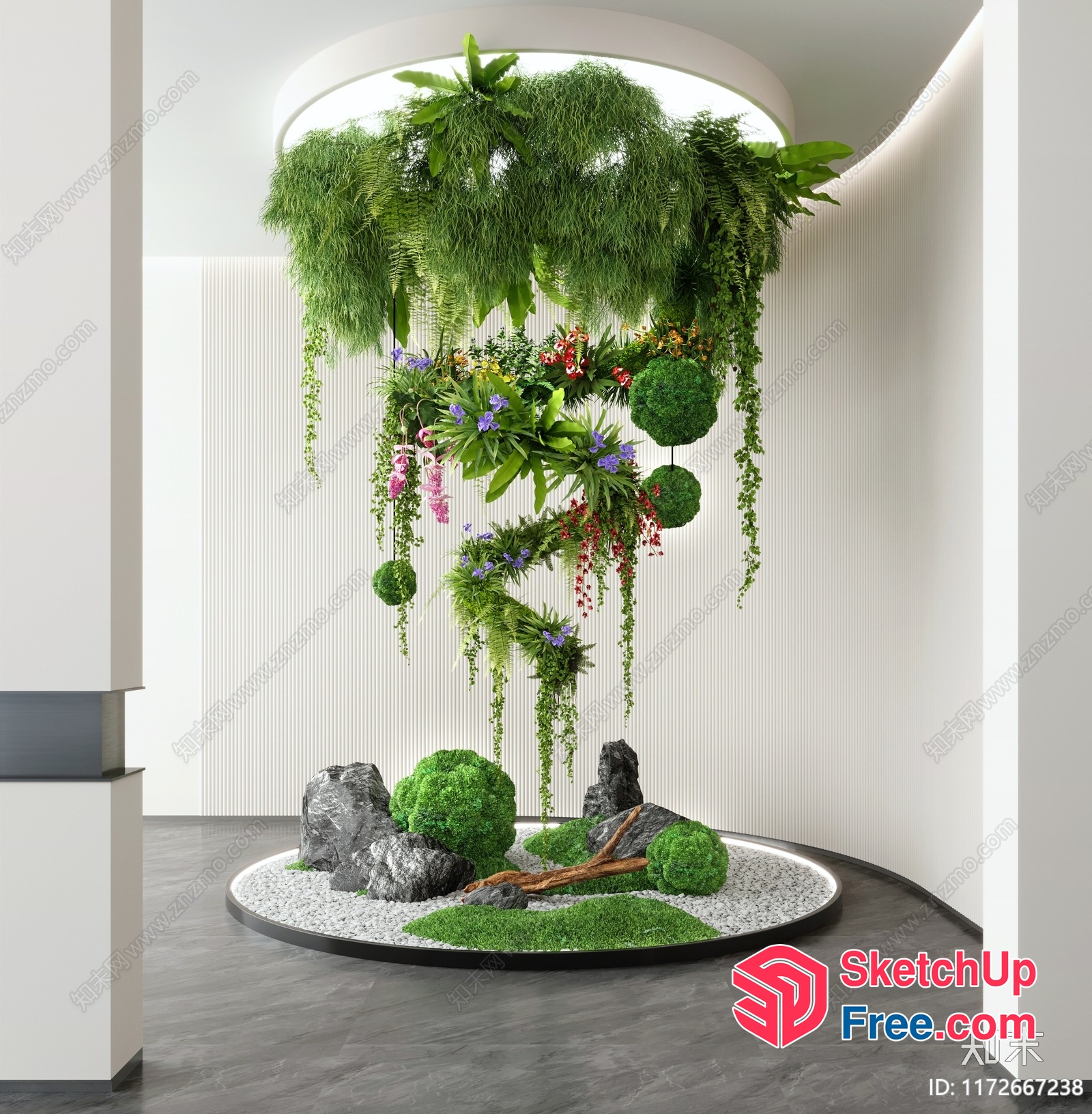 Modern Japanese Garden Design With Hanging Plants And Decorations 3D SketchUp File
