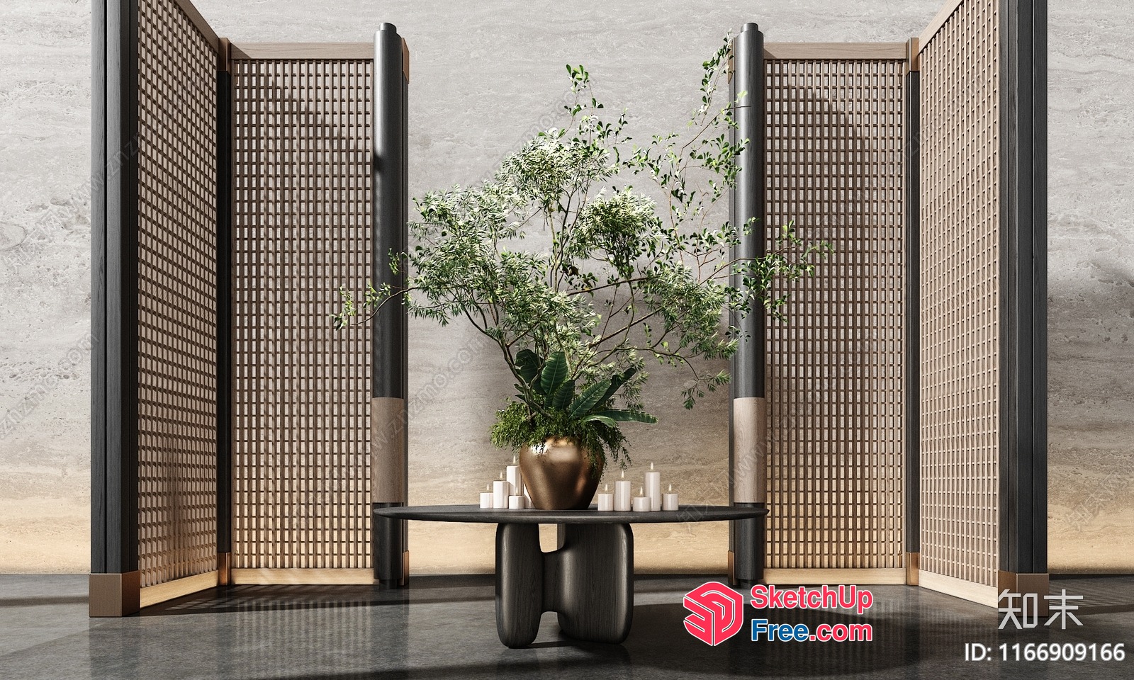 Elegant Partition Screen With Plants And Table 3D SketchUp File