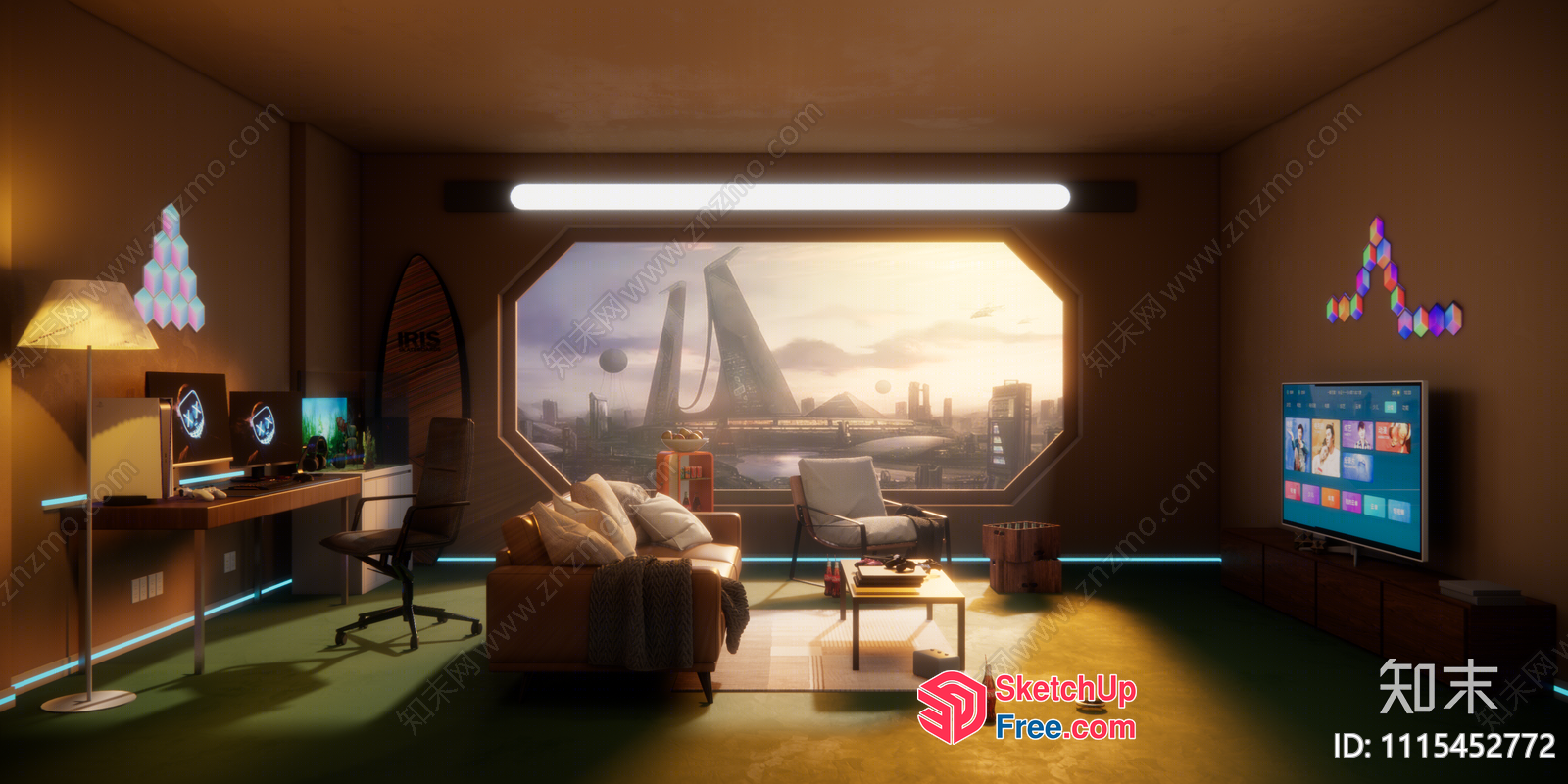 Futuristic Living Room With A View Of A Futuristic City 3D SketchUp File