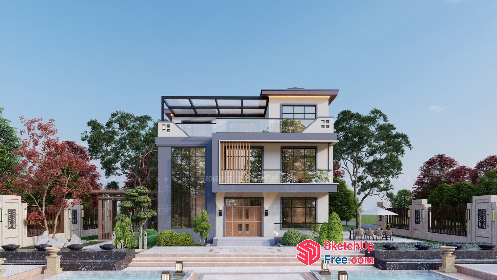 Modern Villa With Elegant Balcony And Staircase 3D SketchUp File