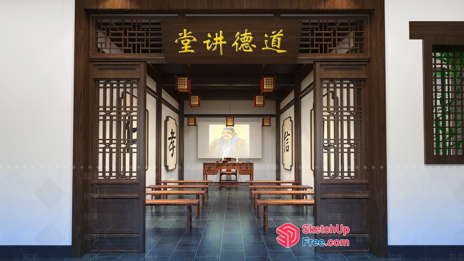 Traditional Asian-Inspired Interior Space 3D SketchUp File