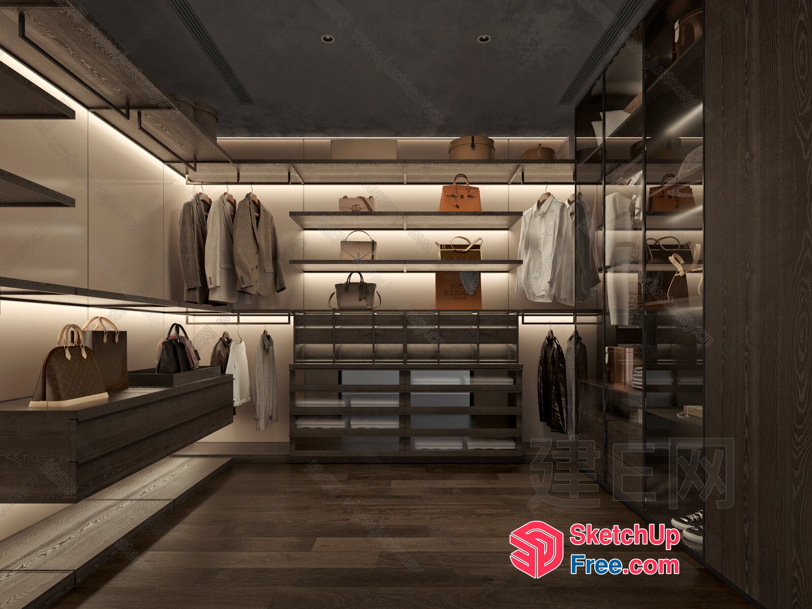Modern Luxury Walk-In Closet With Glass And Wood Accents 3D SketchUp File
