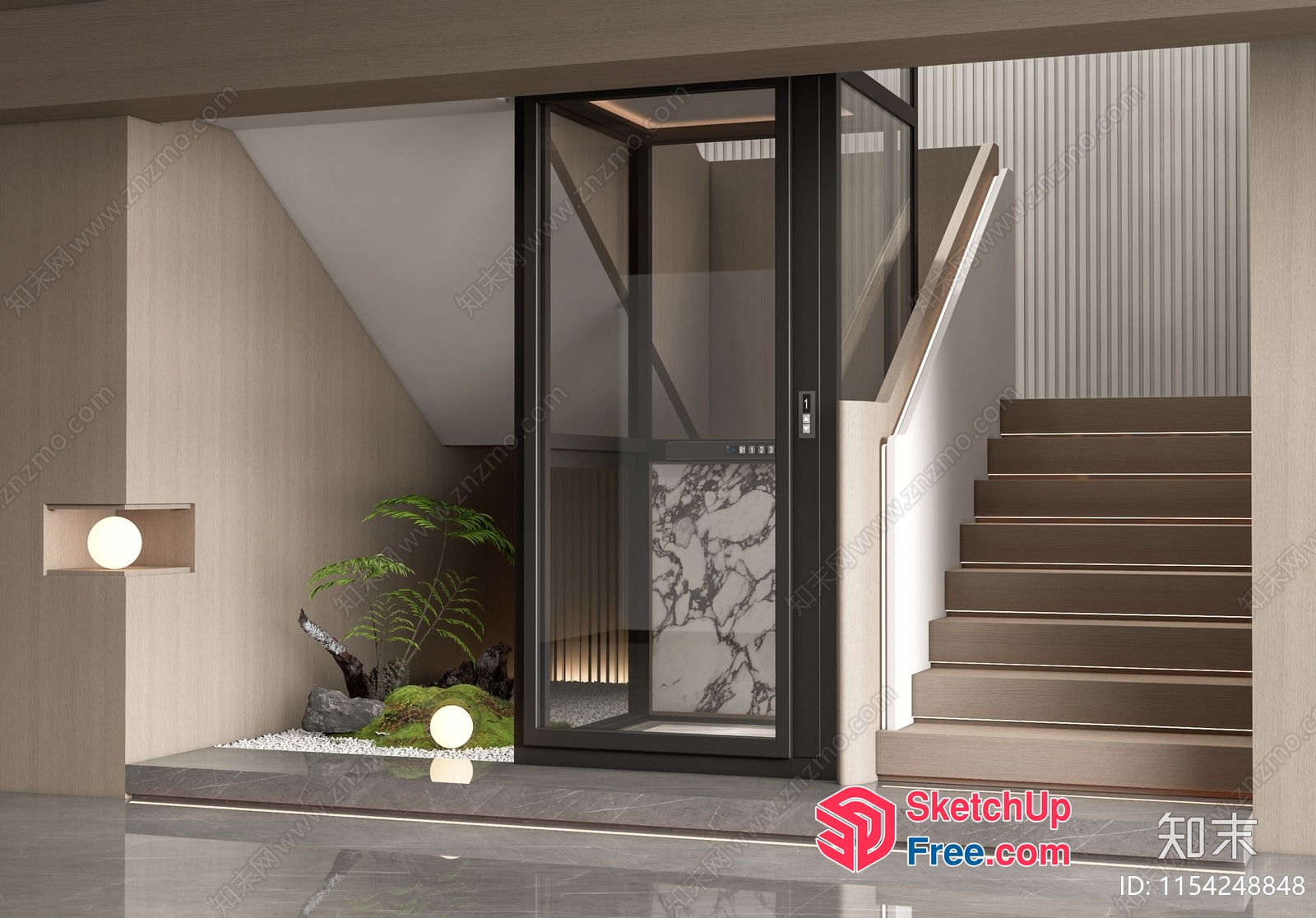 Elegant Modern Interior With Stairs And Elevator 3D SketchUp File