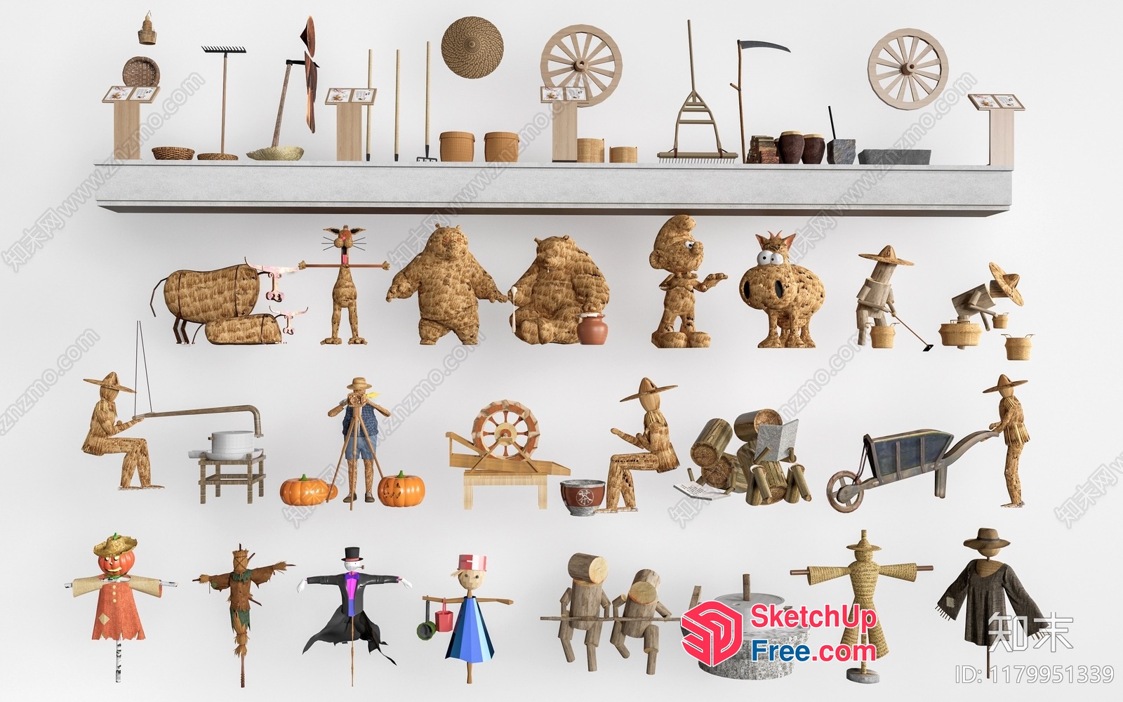 Various Scarecrows And Farm Equipment 3D SketchUp File