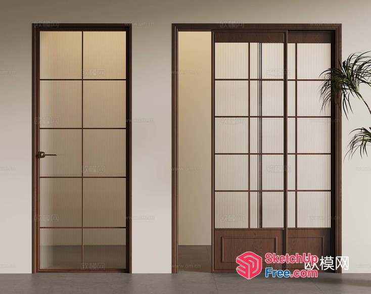 Modern Japanese Style Doors With Frosted Glass And Wood Frame 3D SketchUp File
