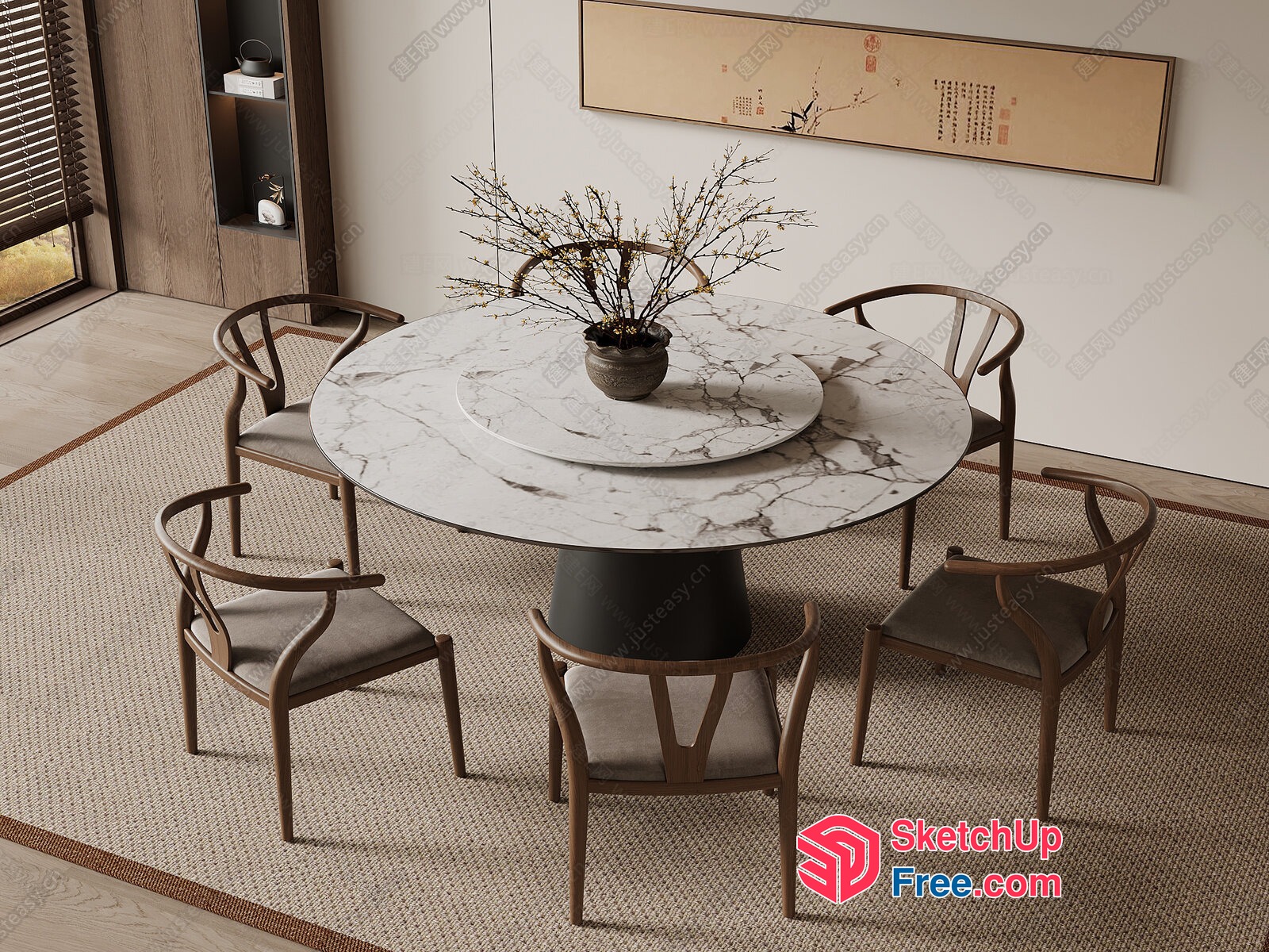 Elegant Modern Minimalist Dining Room With Round Marble Table 3D SketchUp File