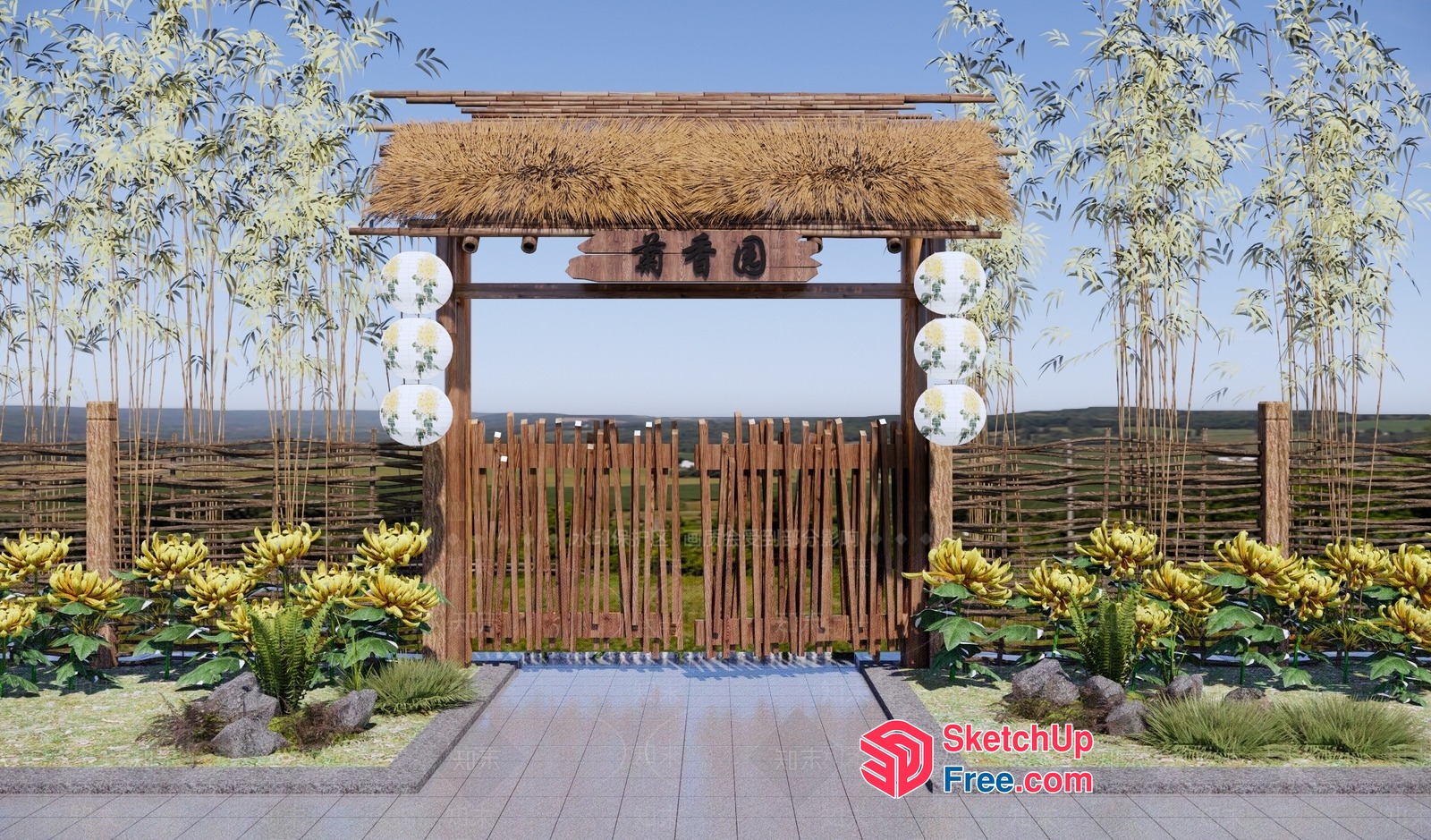 Traditional Japanese Entrance With Bamboo And Lanterns 3D SketchUp File