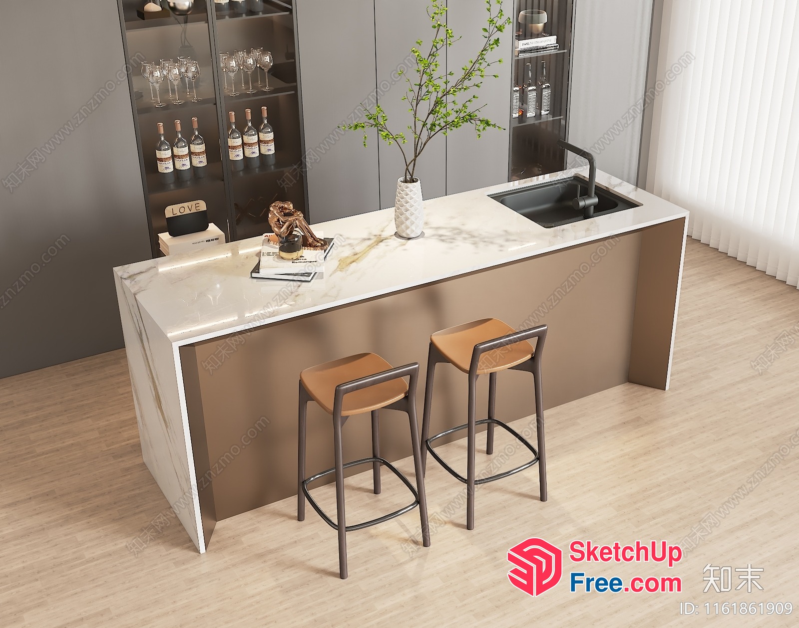 Modern Minimalist Kitchen Island With Wine Storage 3D SketchUp File