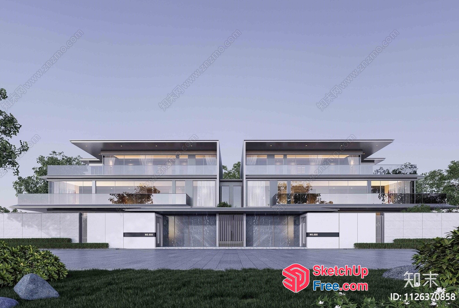Modern Twin Homes With Glass Facade And Balcony 3D SketchUp File