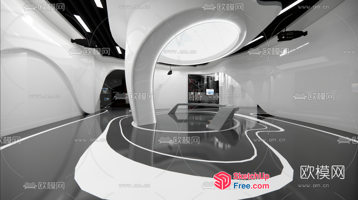 Futuristic Space Design With Sleek White Curves And Black Floor 3D SketchUp File