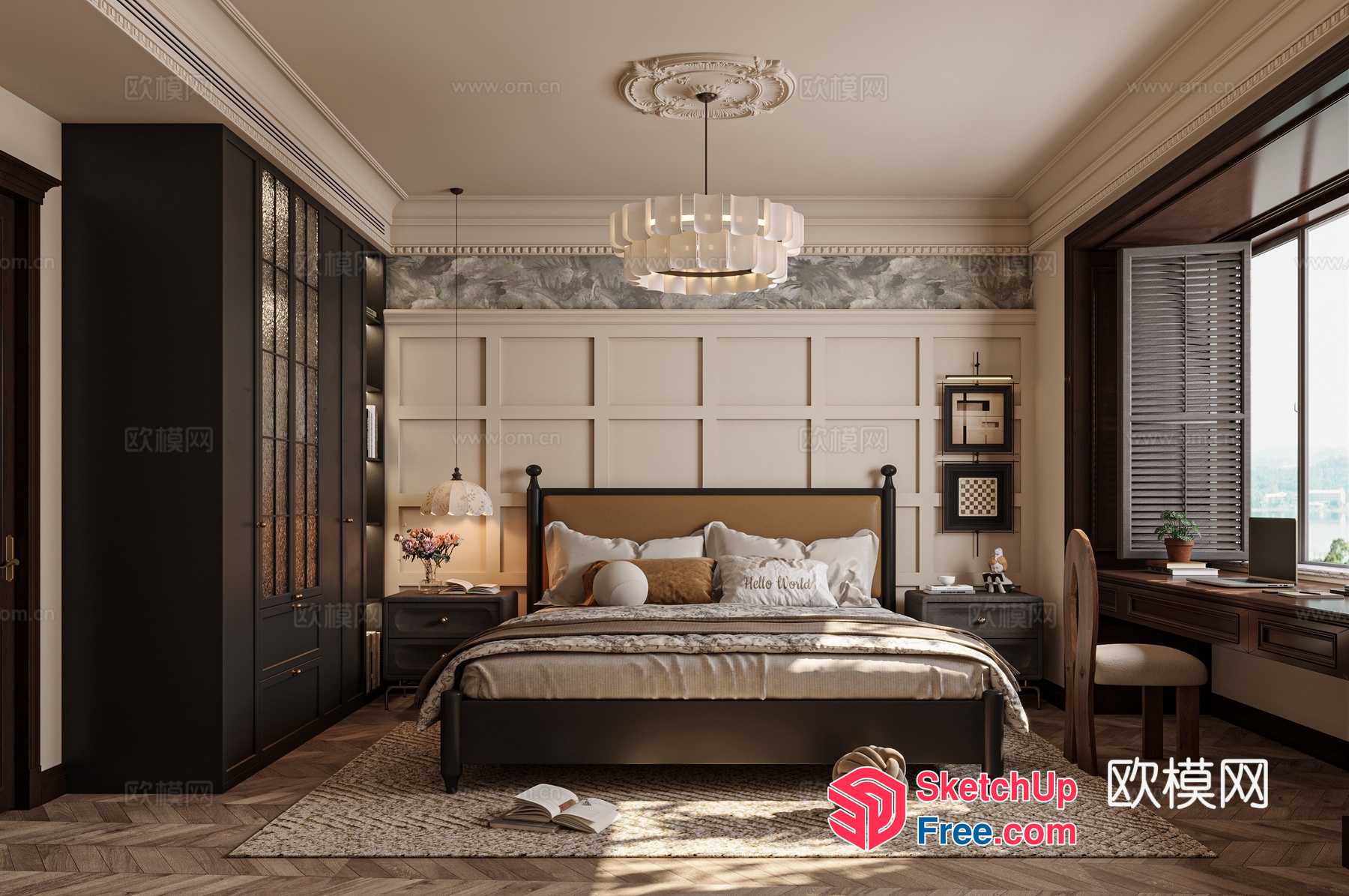 Elegant Bedroom With Classic Moulding And Pillar 3D SketchUp File