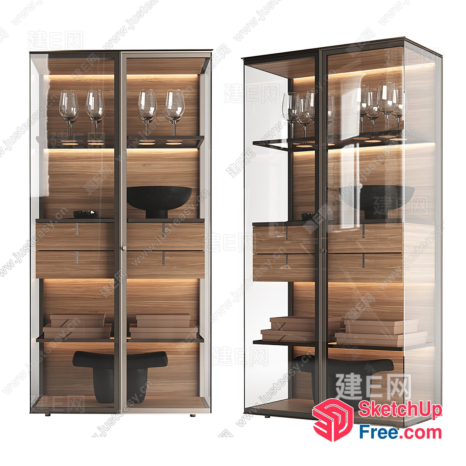 Modern Glass Display Cabinet With Wooden Shelves 3D SketchUp File