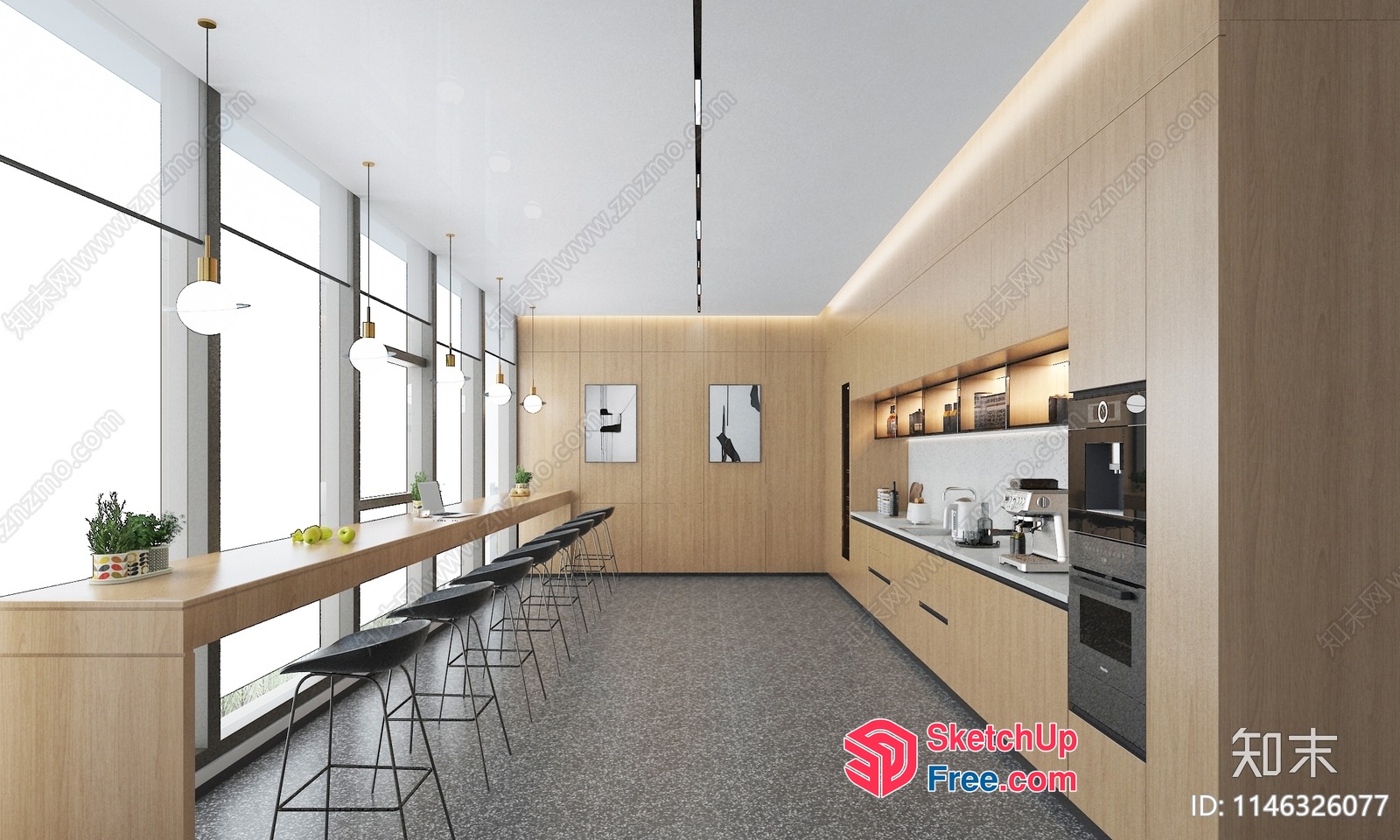 Modern Kitchen Interior With Long Counter And Stools 3D SketchUp File
