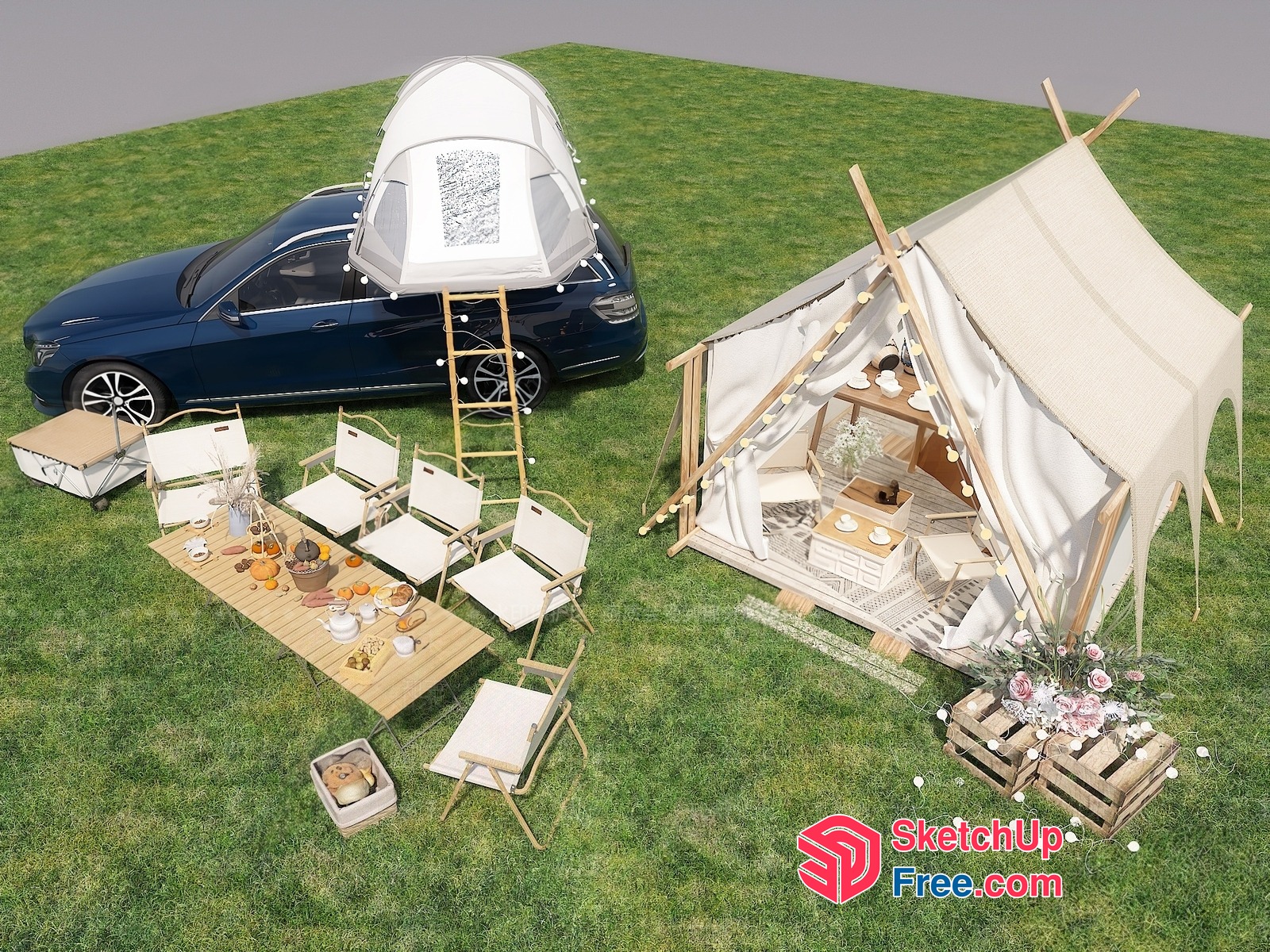 Outdoor Camping Scene With Car And Tent 3D SketchUp File