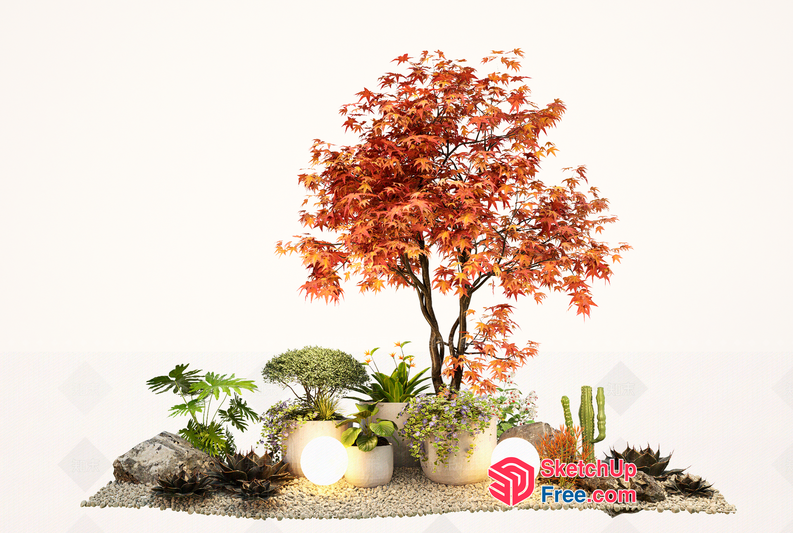 Japanese-Style Garden Decor With Potted Plants And Tree 3D SketchUp File