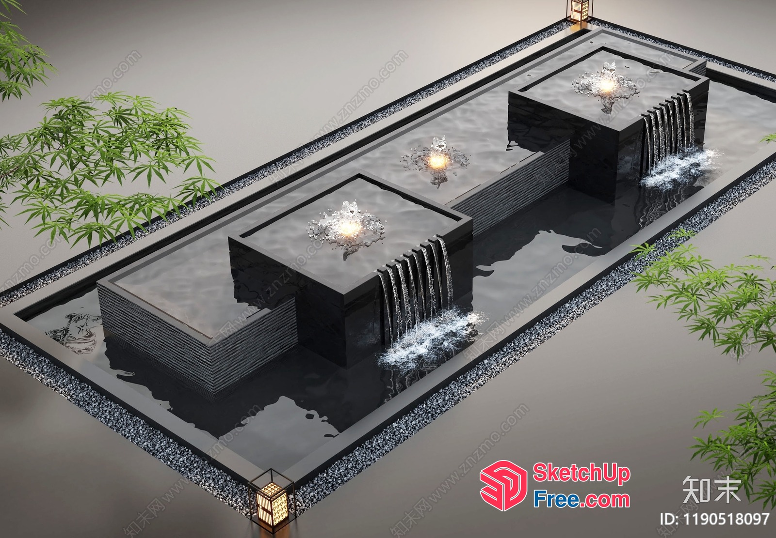 Modern Water Feature With Black Stone And Waterfall 3D SketchUp File