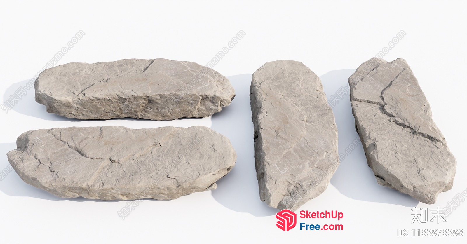 Three Flat Stones On White Background 3D SketchUp File