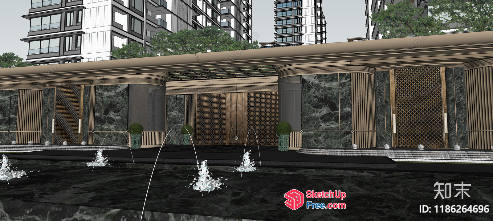Elegant Fountain In Front Of A Modern Building 3D SketchUp File