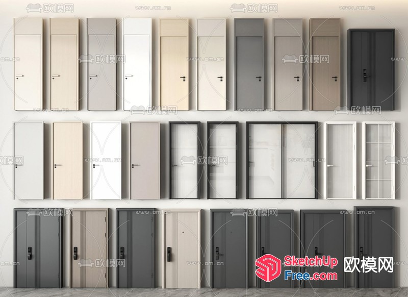 20 Different Door Styles On White Wall 3D SketchUp File