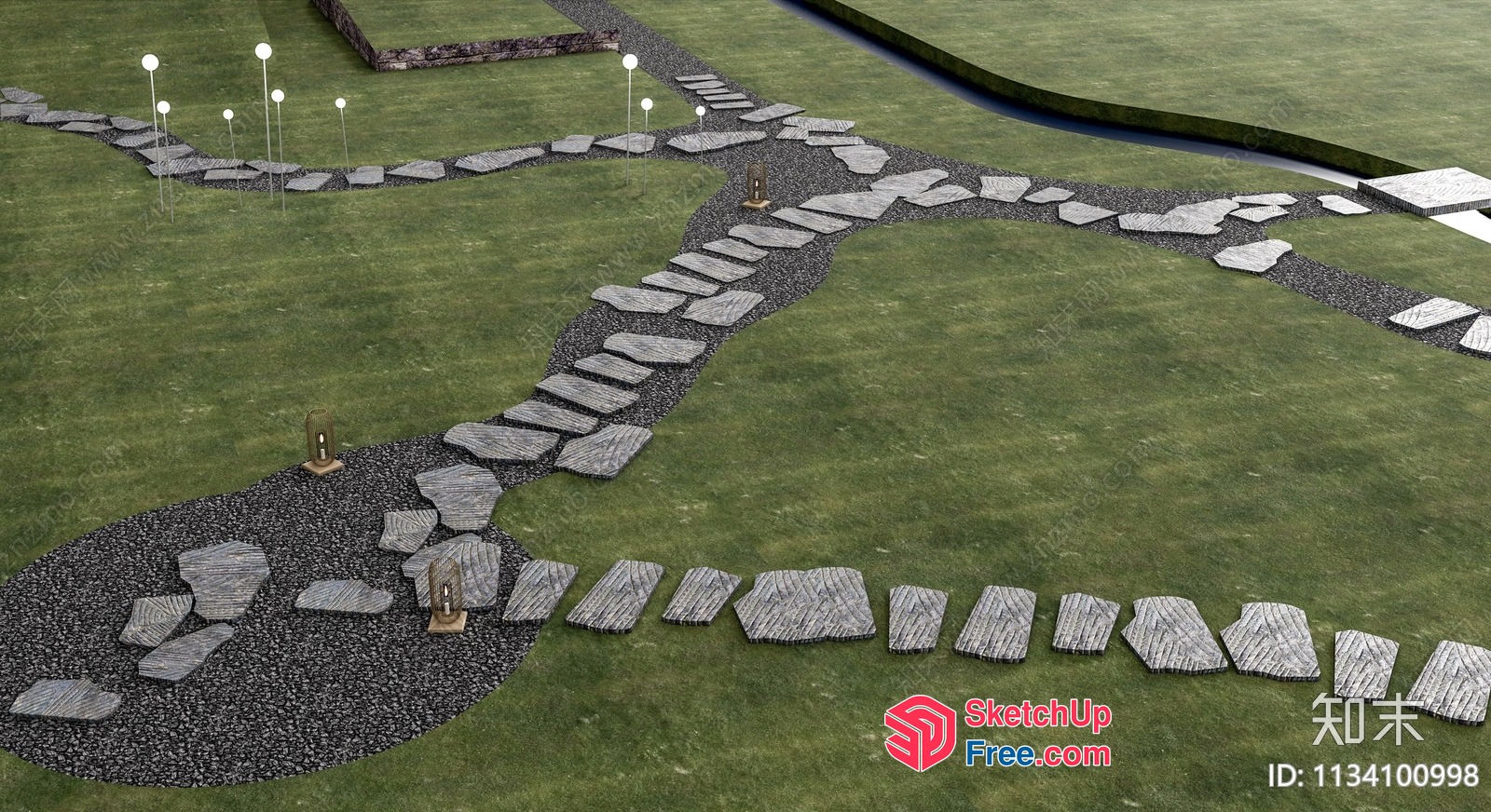 Stone Pathway In A Well-Manicured Grass Field 3D SketchUp File