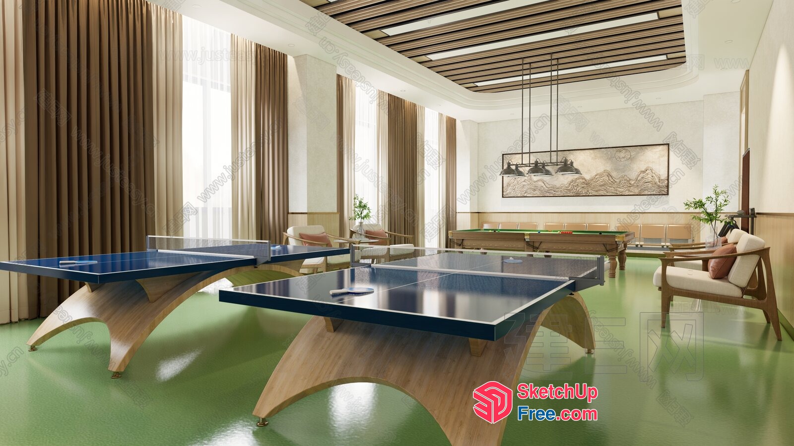 Elegant Table Tennis Table Set In A Modern Room 3D SketchUp File