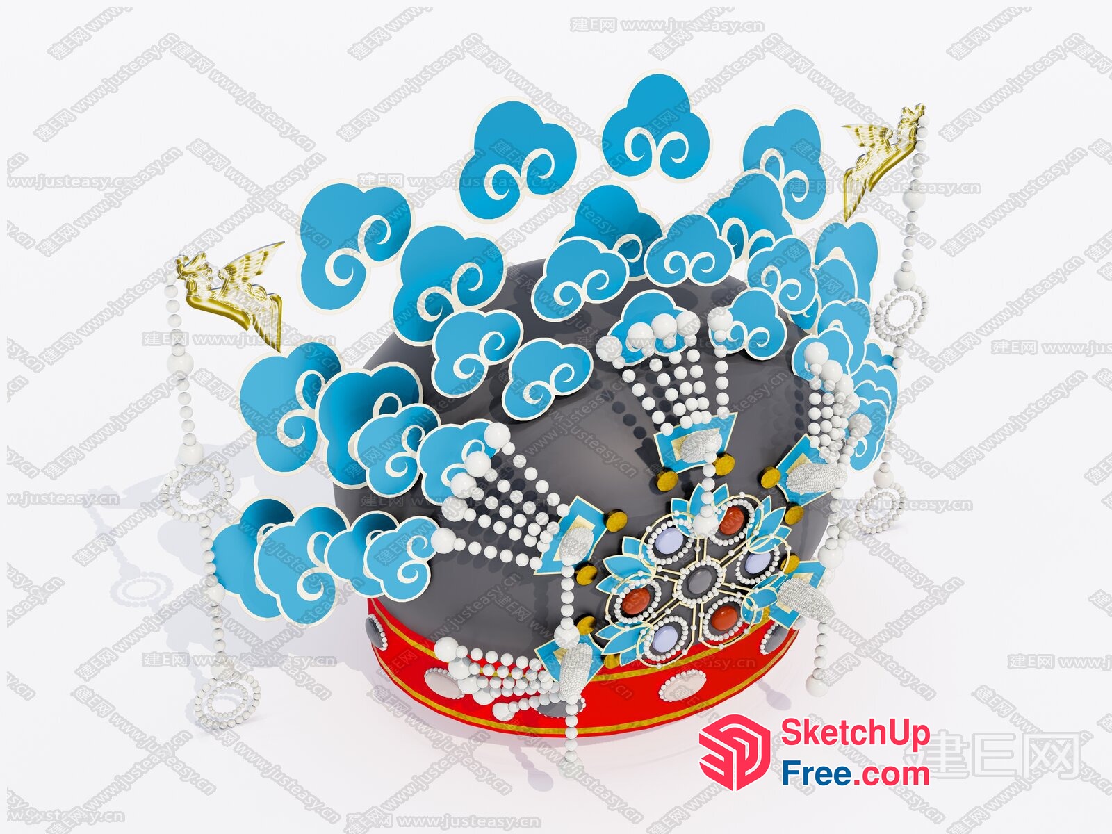 Decorative Clouds And Jewels On A Red And Gray Base 3D SketchUp File