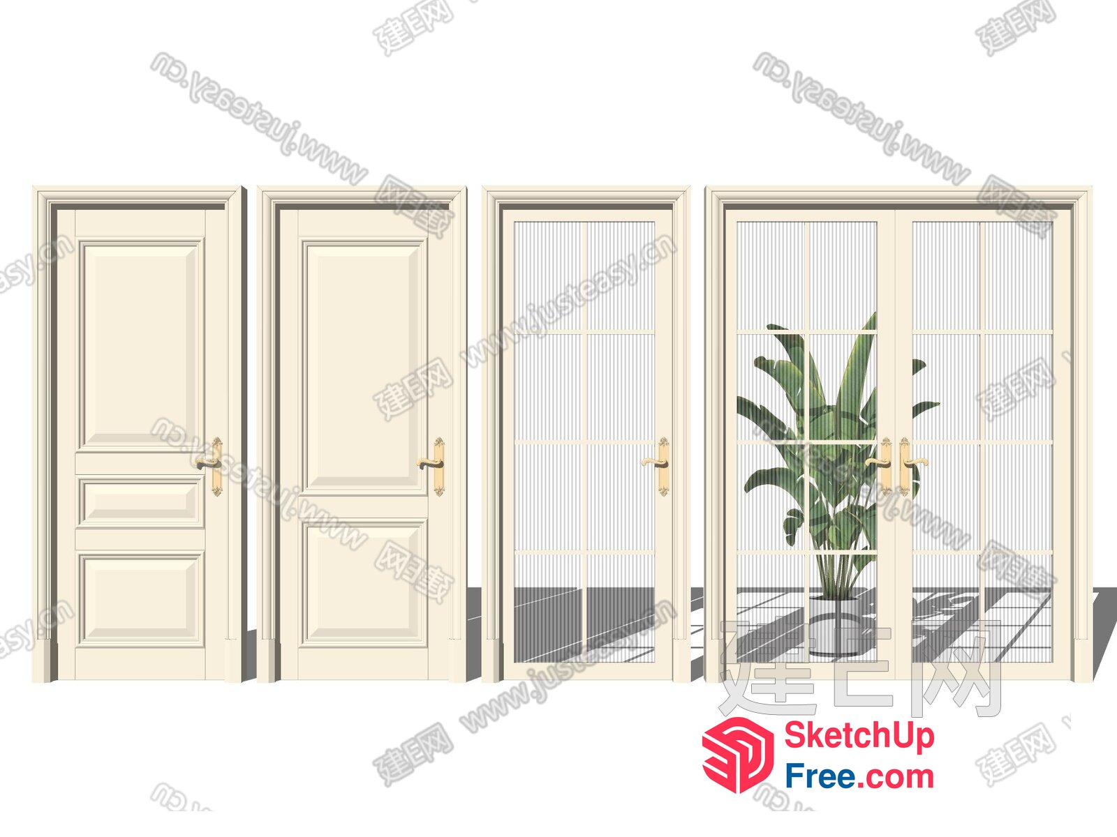 Four Cream-Colored Doors And A Potted Plant 3D SketchUp File