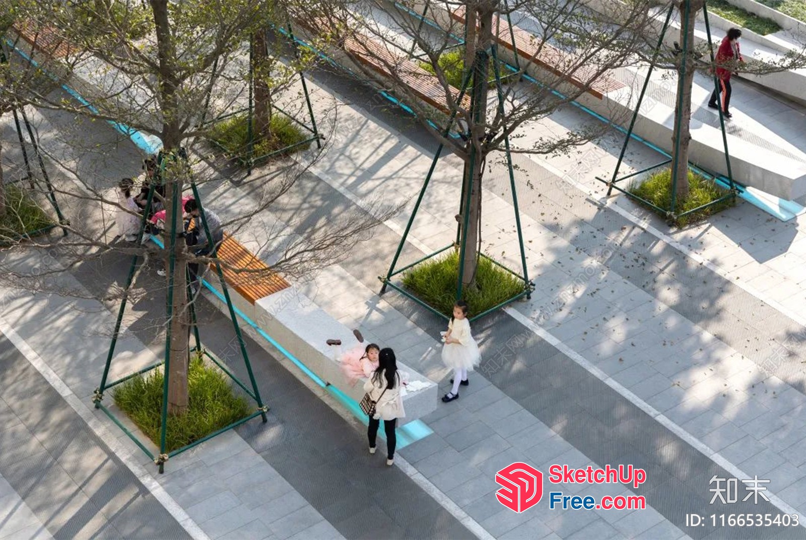 Modern Street Scene With Unique Tree Supports And Seating 3D SketchUp File