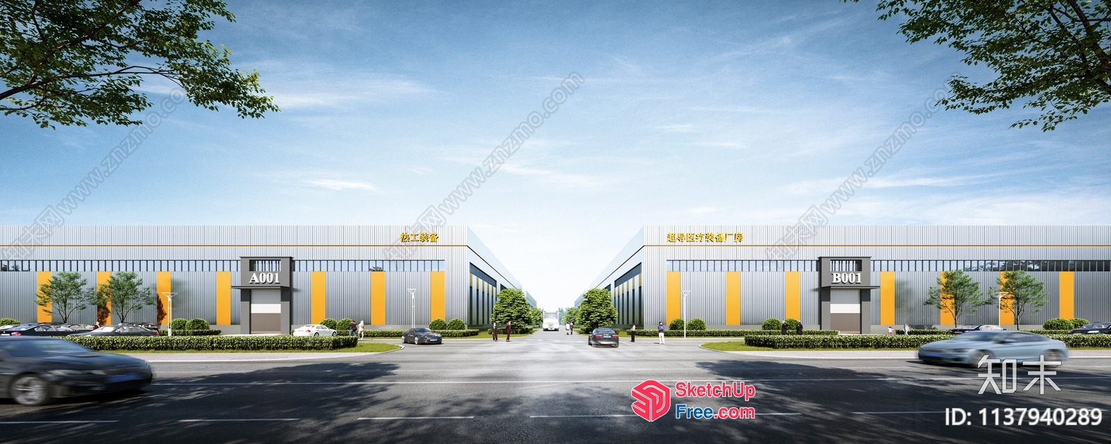 Commercial Street With Industrial Park And Office Building 3D SketchUp File