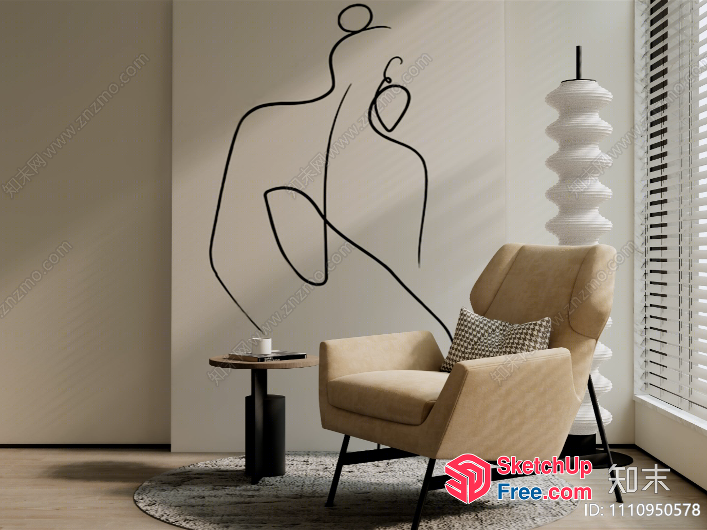 Minimalist Modern Living Room With Creamy Style Pillars 3D SketchUp File