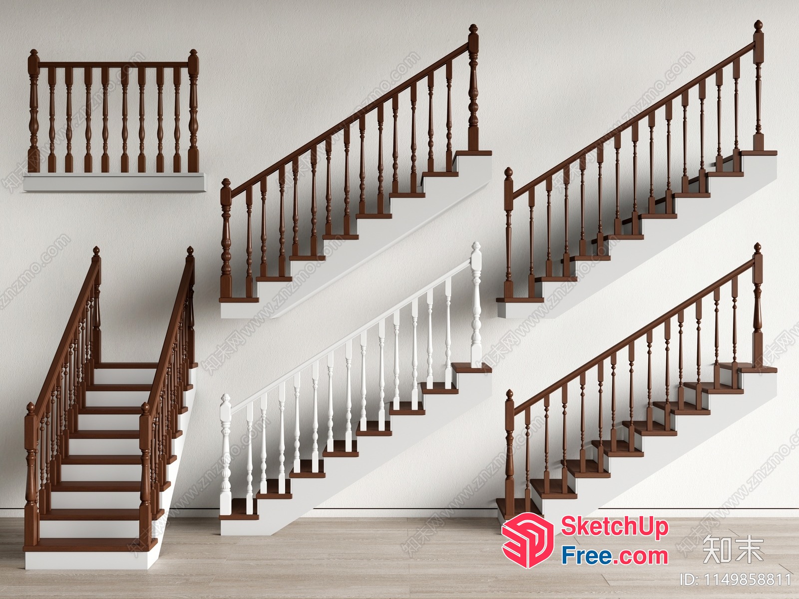 Staircase With Classic Wooden Railing 3D SketchUp File