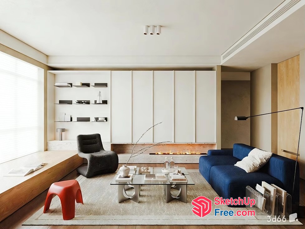 Modern Minimalist Living Room With Fireplace And Natural Light 3D SketchUp File