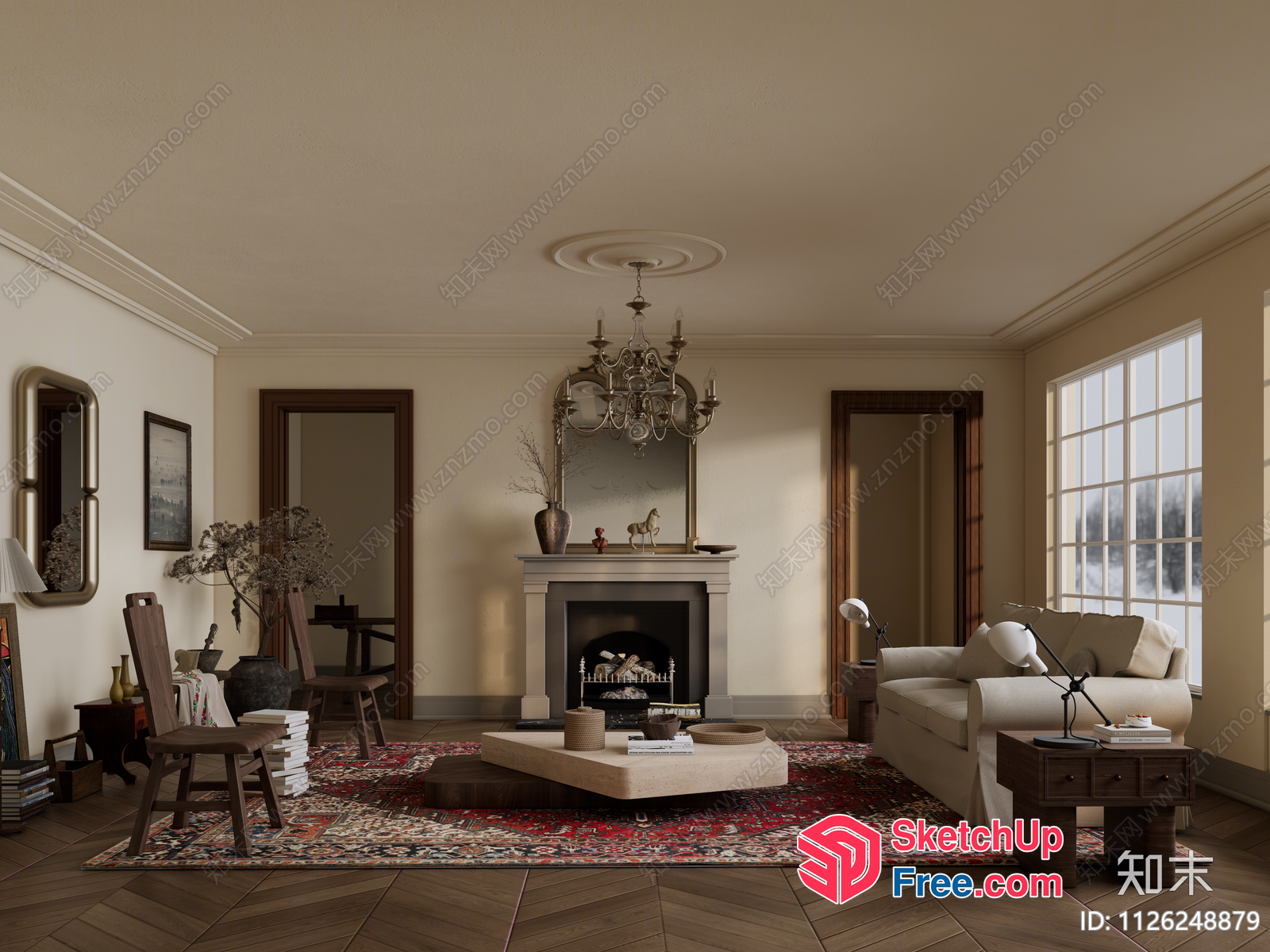 Elegant Living Room With Fireplace And Cozy Seating Area 3D SketchUp File