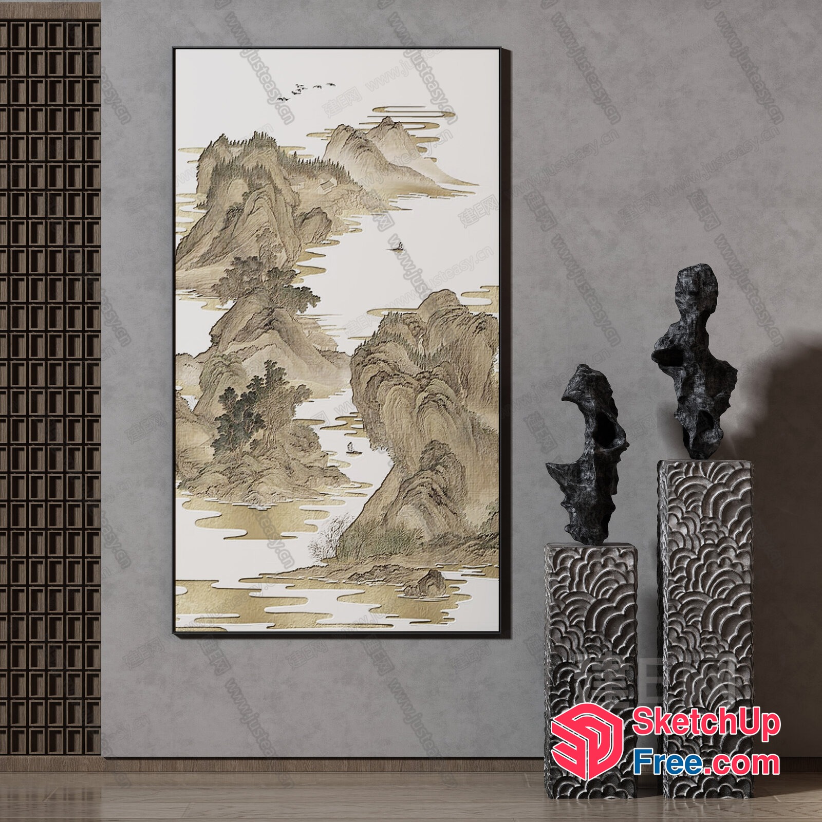 Asian-Inspired Landscape Artwork With Elegant Stone Decorations 3D SketchUp File