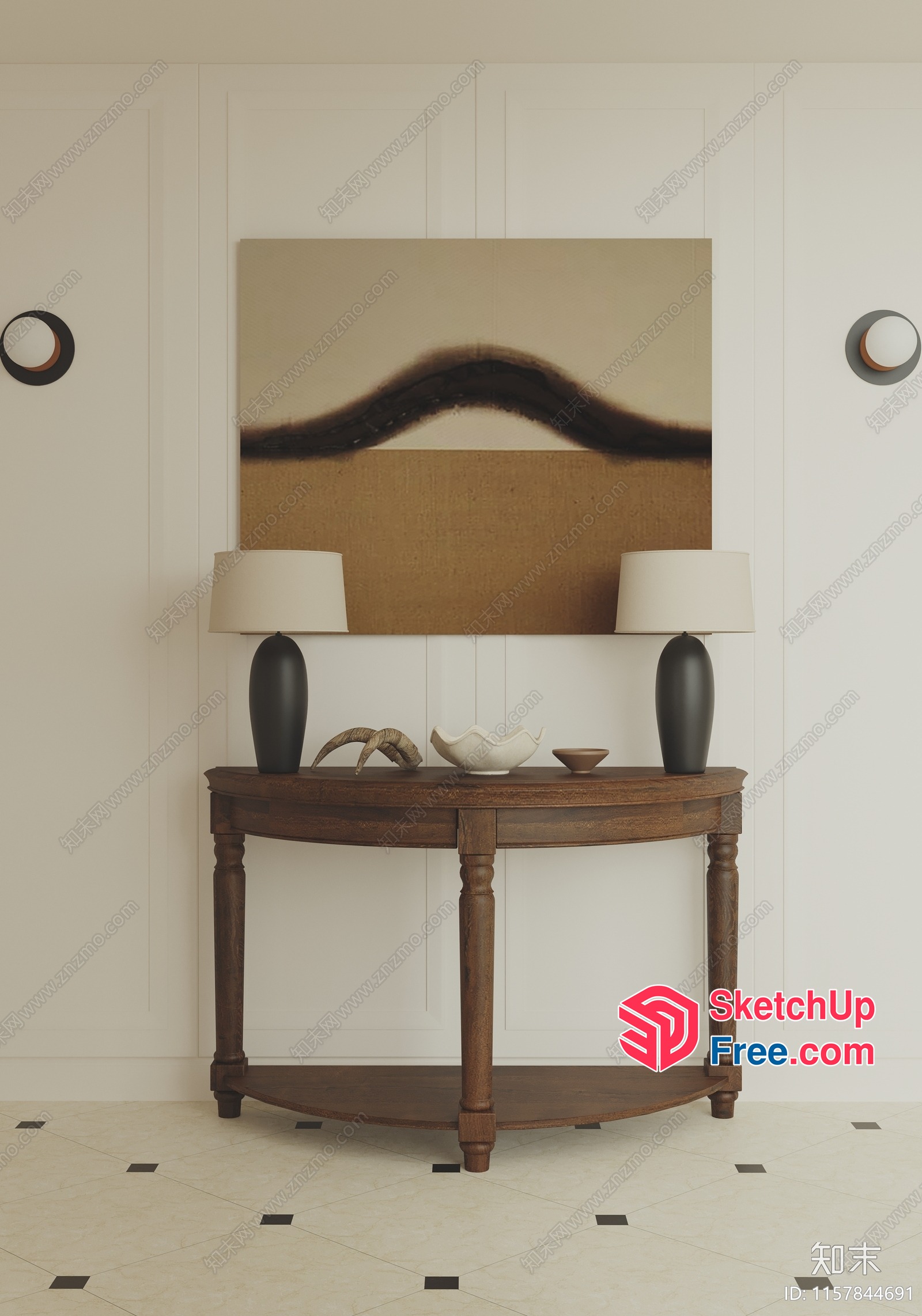 Elegant Modern Living Room With Wood Console Table 3D SketchUp File