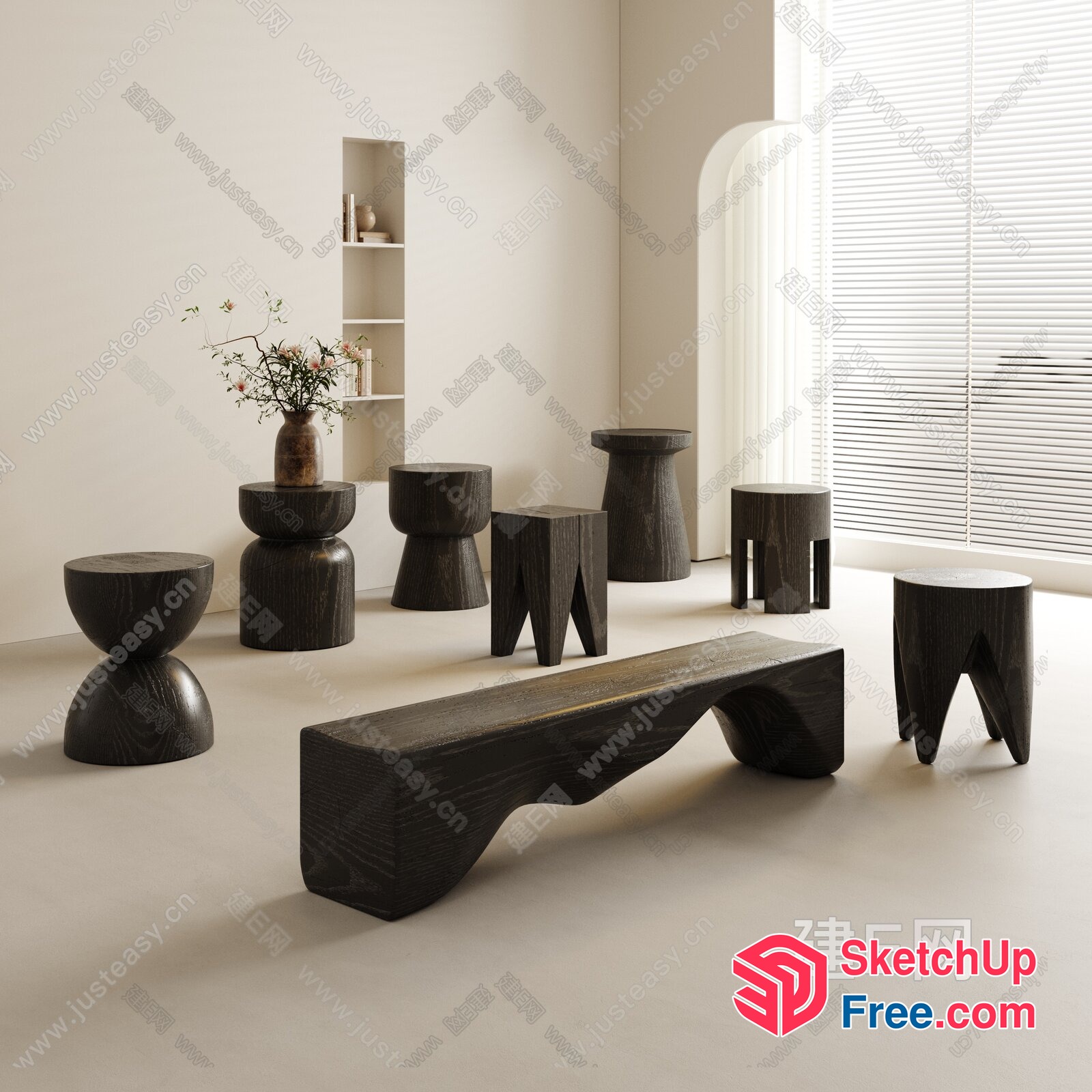 Modern Minimalist Japanese-Style Wooden Furniture Collection 3D SketchUp File