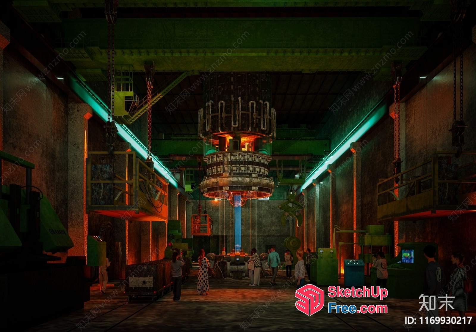 Industrial Park Interior With Large Chandelier And Neon Lights 3D SketchUp File