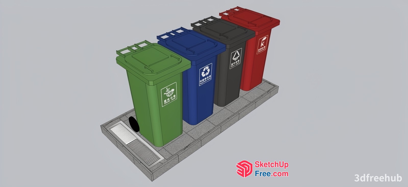 Colorful Recycling Bins On A Grey Platform 3D SketchUp File