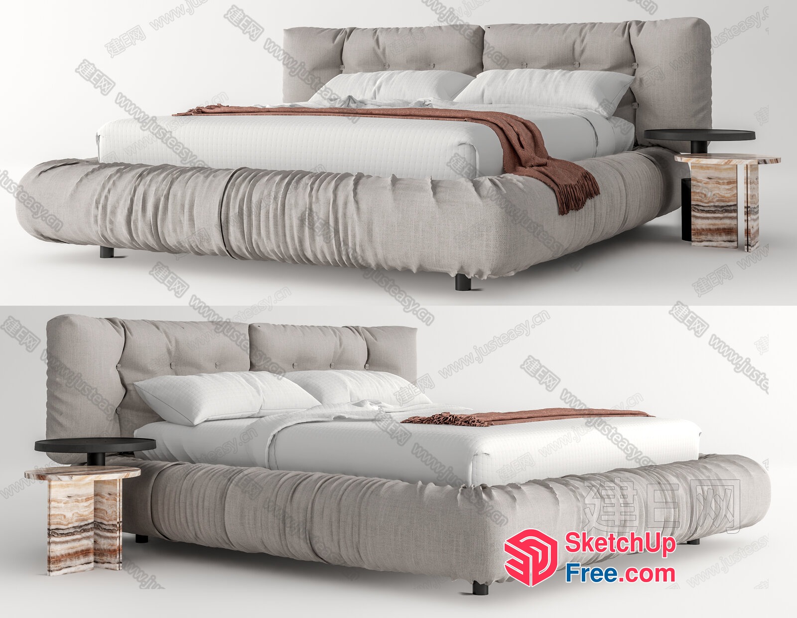 Modern Minimalist Bed With Bedside Table And Pillows 3D SketchUp File