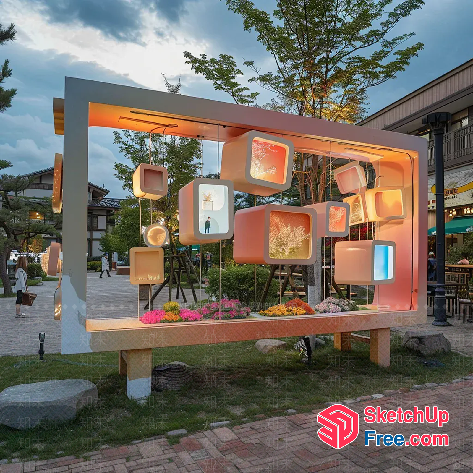 Outdoor Art Installation With Hanging Boxes And Floral Arrangements 3D SketchUp File