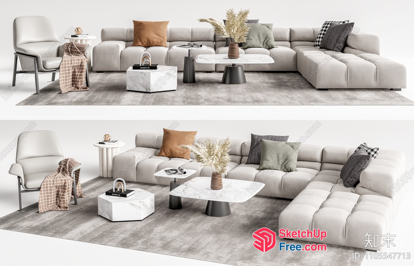 Modern Living Room With Beige Sofa And Marble Tables 3D SketchUp File