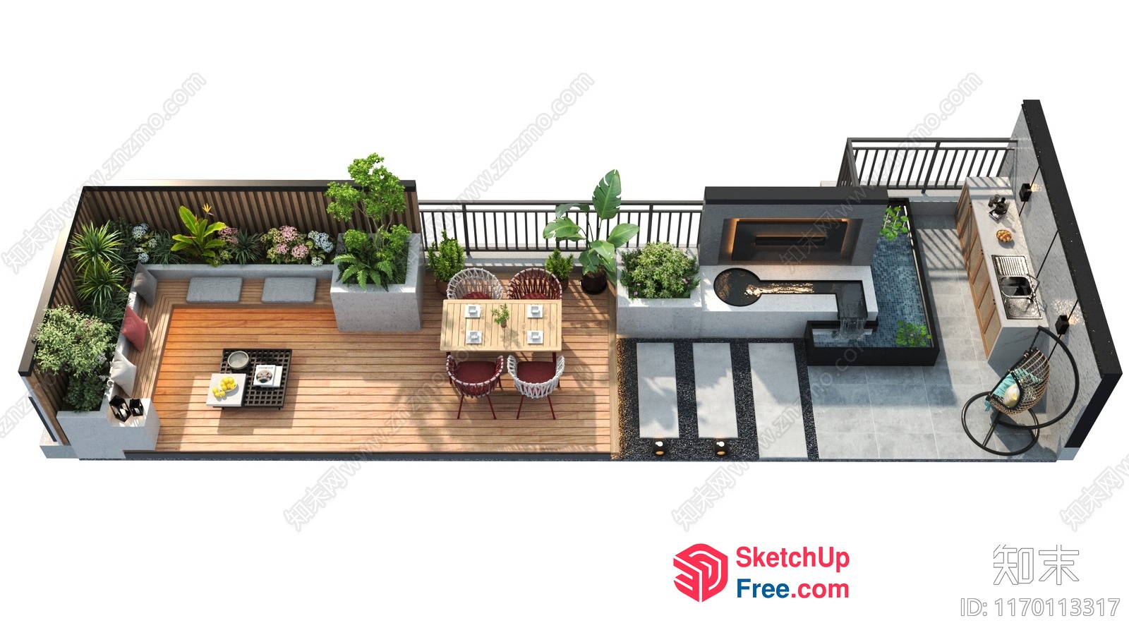 Modern Balcony With Dining Table And Plants 3D SketchUp File