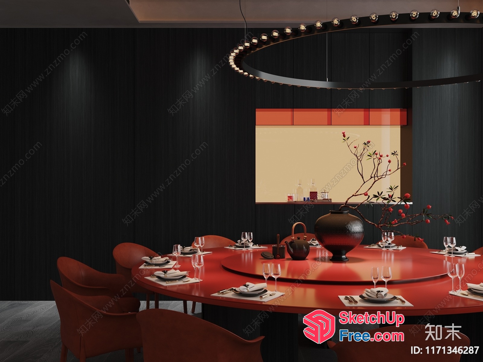 Elegant Round Dining Room With Red Table And Black Chairs 3D SketchUp File