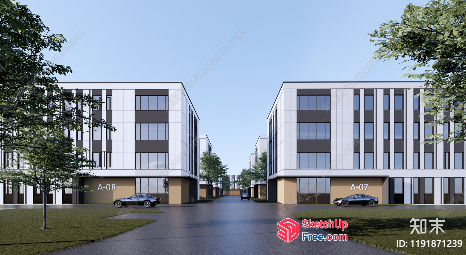 Modern Apartment Complex Exterior With Cars Parked In Front 3D SketchUp File