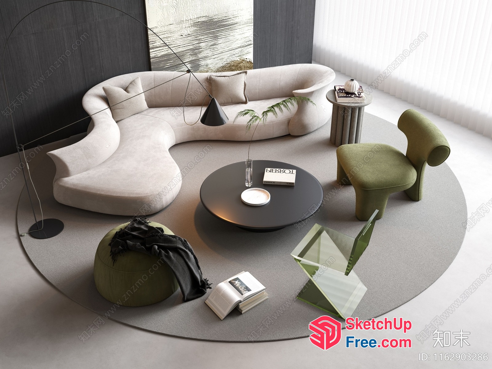 Modern Living Room With Curved Sofa And Round Coffee Table 3D SketchUp File