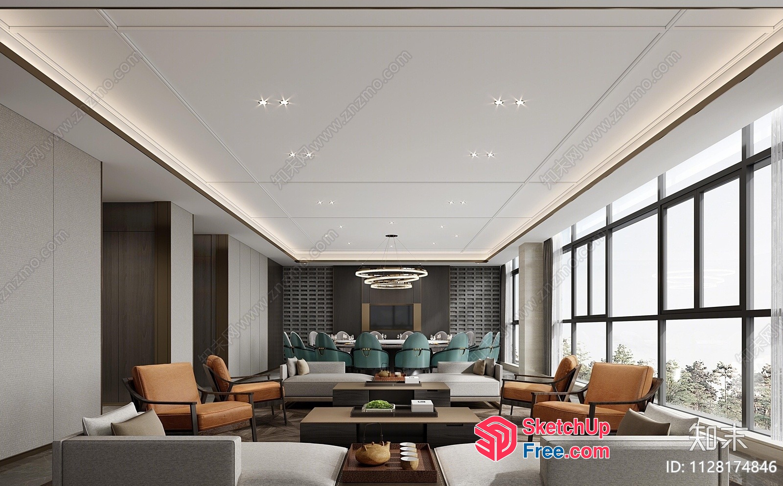 Modern Living Room With Large Windows And White Ceiling 3D SketchUp File