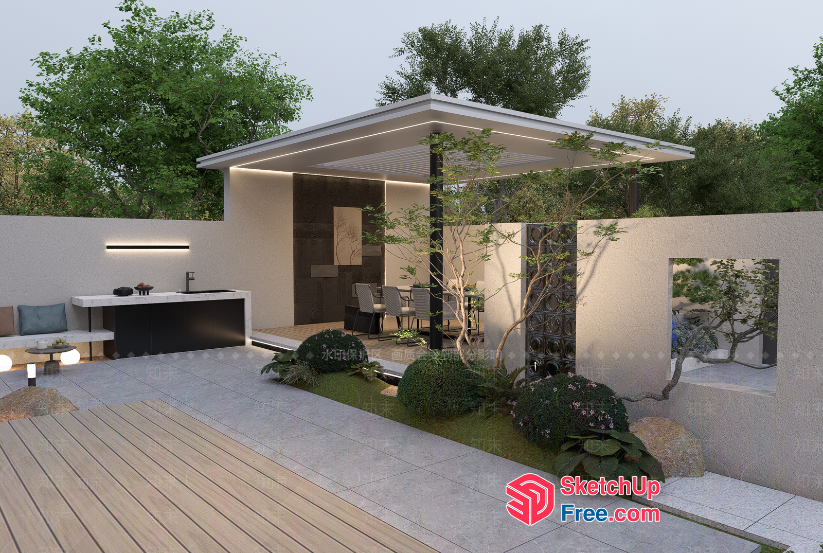 Modern Outdoor Living Space With Sleek Furniture And Greenery 3D SketchUp File